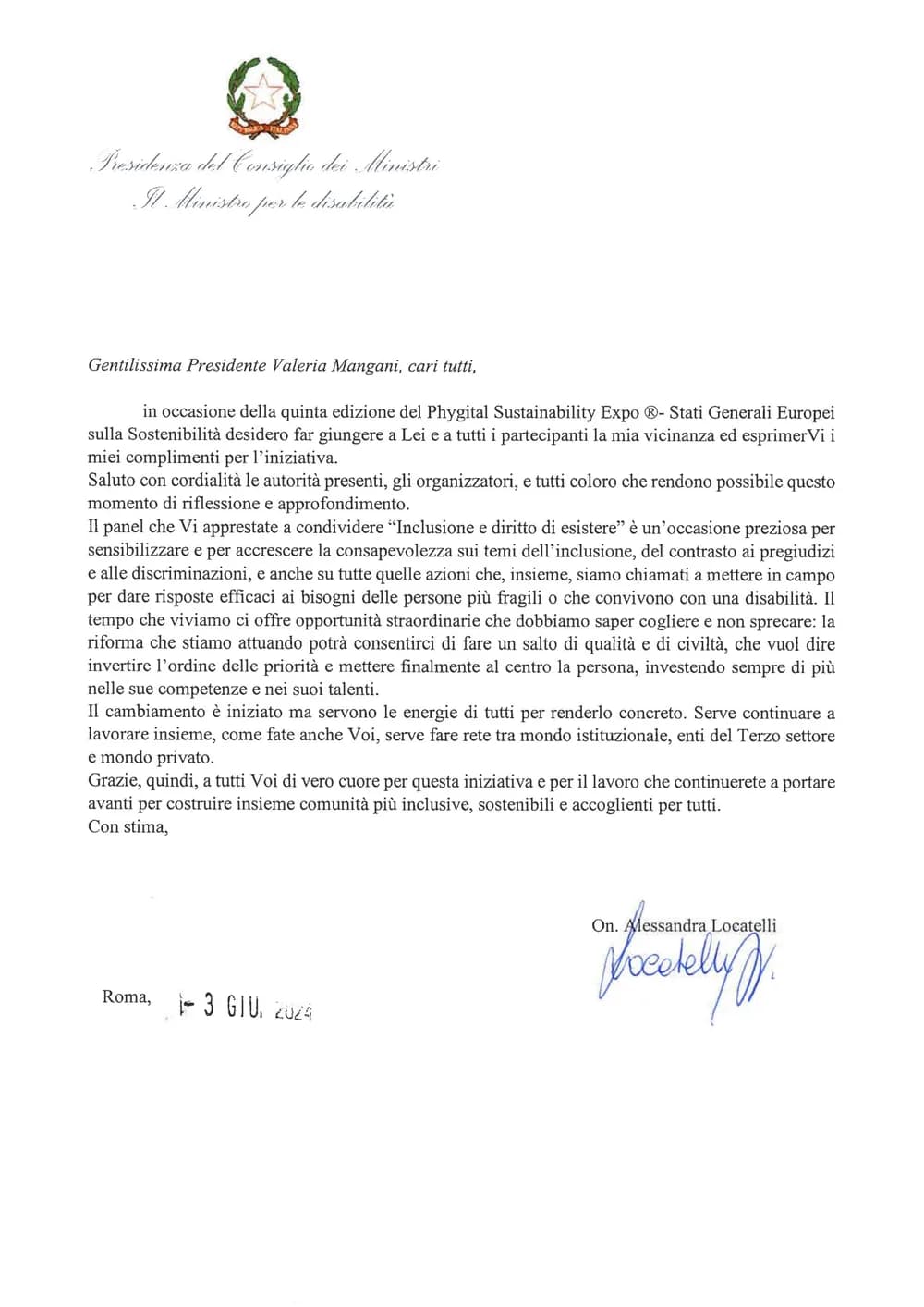 Lettera del Ministro per le Disabilità Alessandra Locatelli
