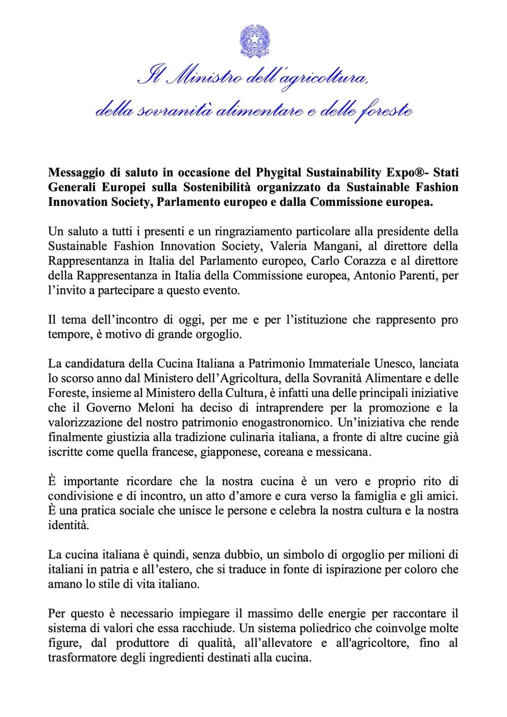 Messaggio di saluto in occasione del Phygital Sustainability Expo®