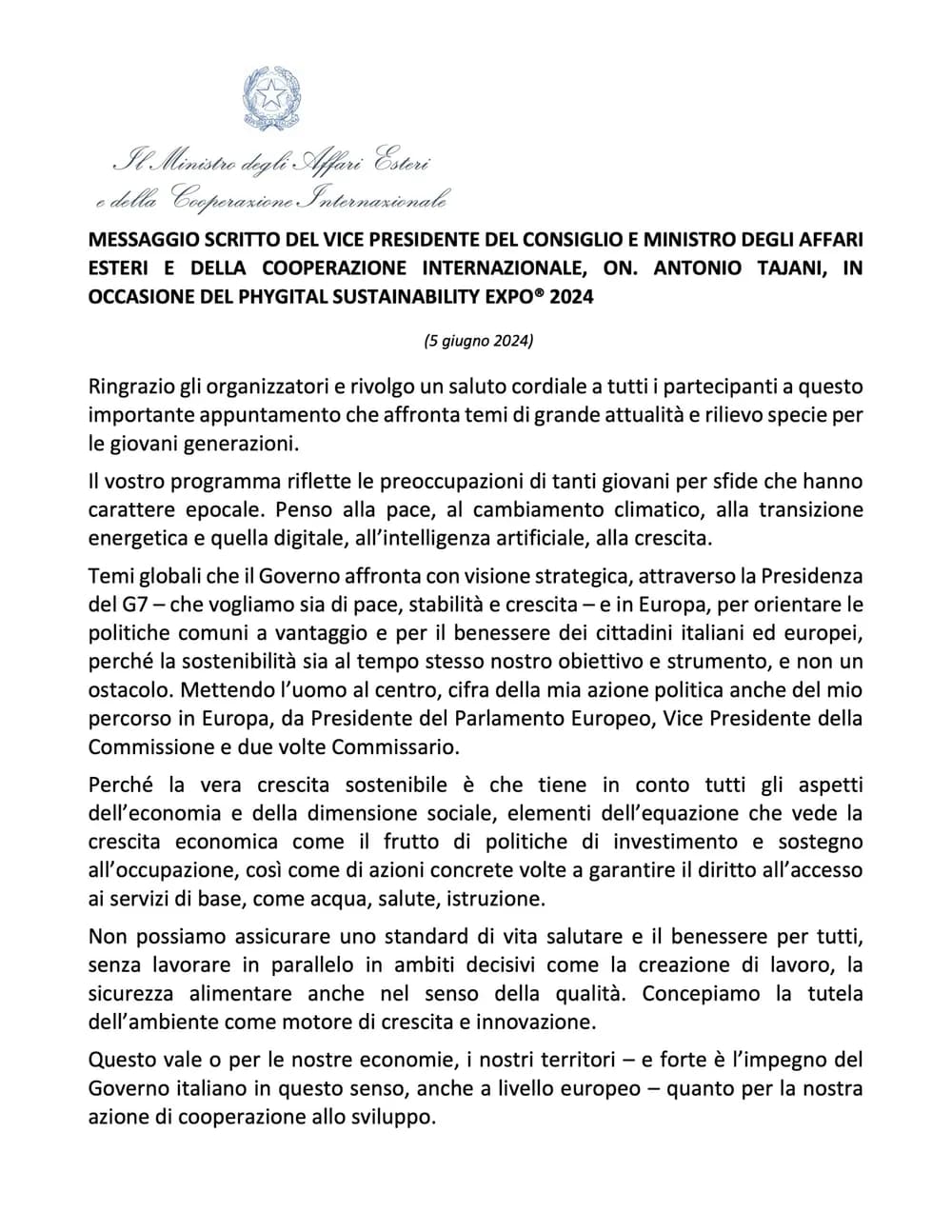 Messaggio del Vicepresidente del Consiglio e Ministro degli Affari Esteri Antonio Tajani, prima pagina