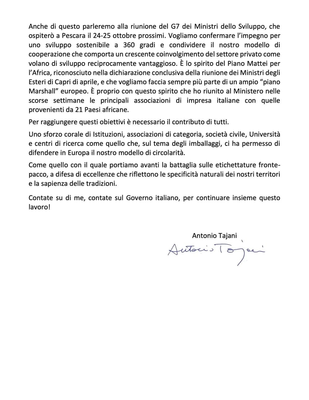 Messaggio del Vicepresidente del Consiglio e Ministro degli Affari Esteri Antonio Tajani, seconda pagina