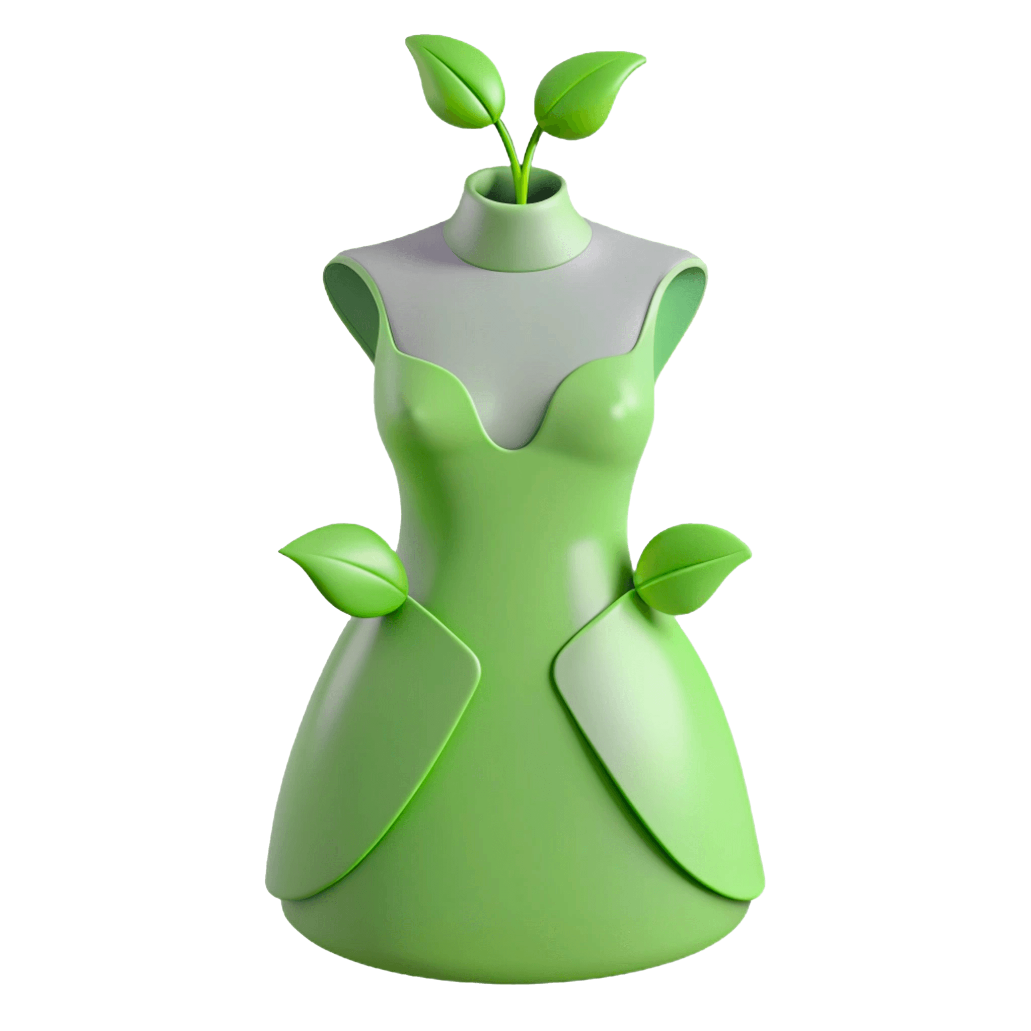Render 3D di un abito sostenibile con foglie.