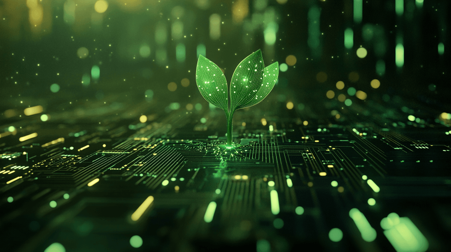 Germoglio verde che cresce da un circuito elettronico.